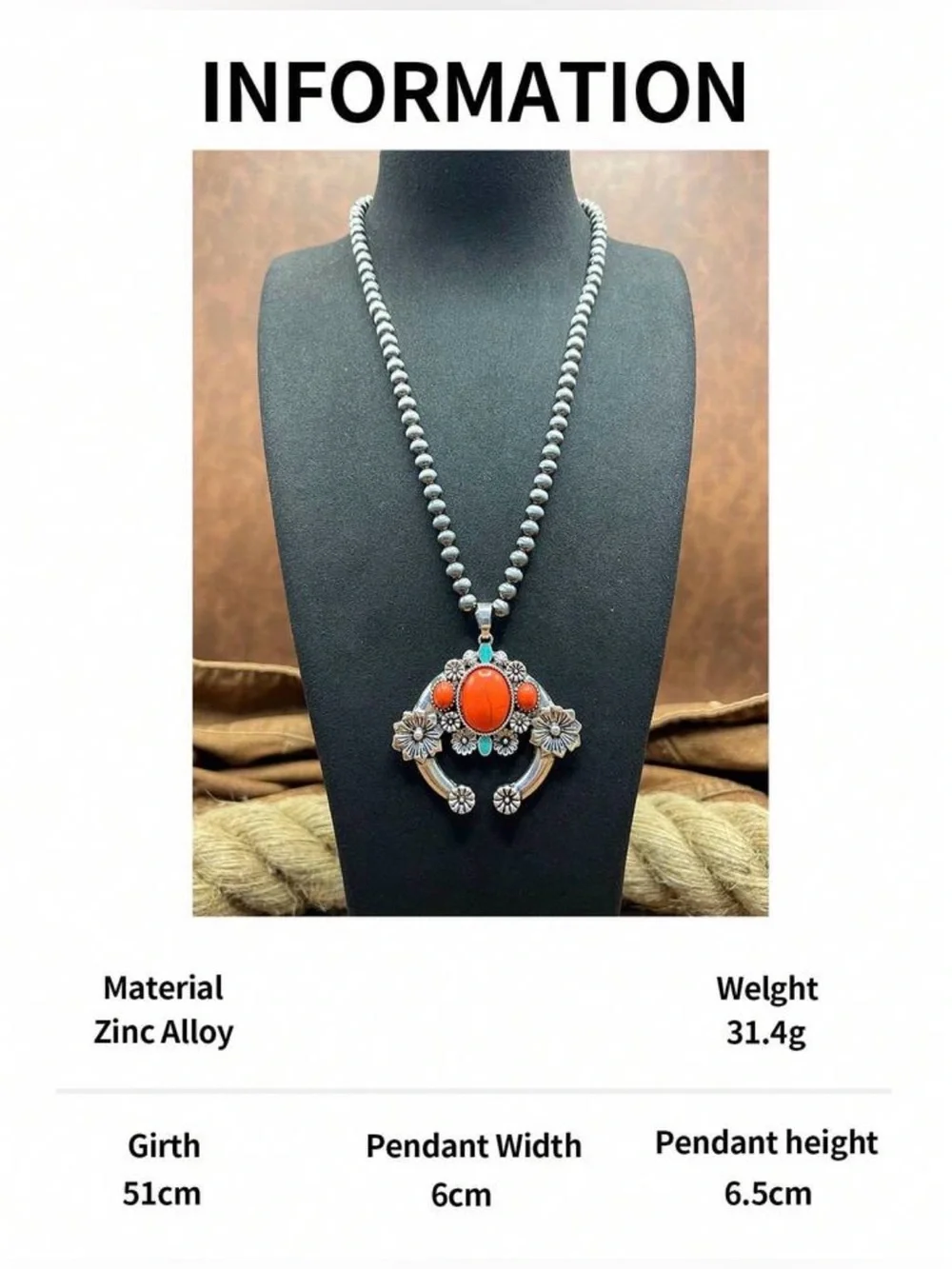 Western Necklace Horseshoe Necklace in Orange and Turquoise Bohemian
